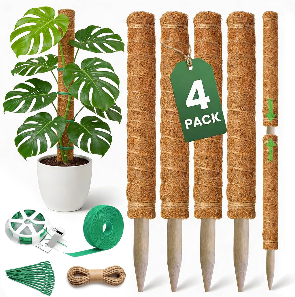 4 pack 16" moss pole plant support - stackable up to 48" - plant stakes for indoor climbing plants potted - tall coco coir pole sticks & accessories for climbing plants