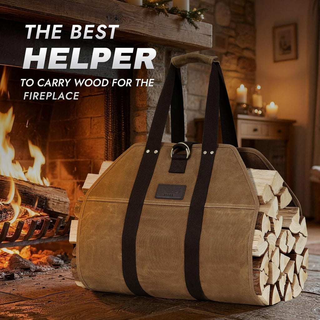 Waxed Canvas Firewood Carrier Tote | Large capacity for firewood transportation, fits hearth stove and fireplace, portable for indoor and outdoor storage - view 5