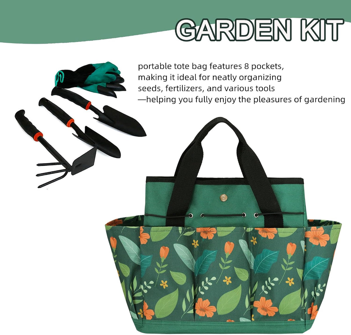 Waterproof Garden Tool Bag, 600D Oxford Portable Gardening Tote with Handle & Multi Pockets, Ideal Gifts for Parents Women (Green Flower, Tools Not Included) - view 3