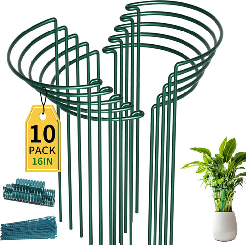 10 Pack Garden Plant Support Stakes,10" Widex16 High Heavy Duty Interlinked Half Round Peony Support Ring Cage for Indoor Outdoor Plants,Plant Supports for Peony,Tomato,Hydrangea,Rose