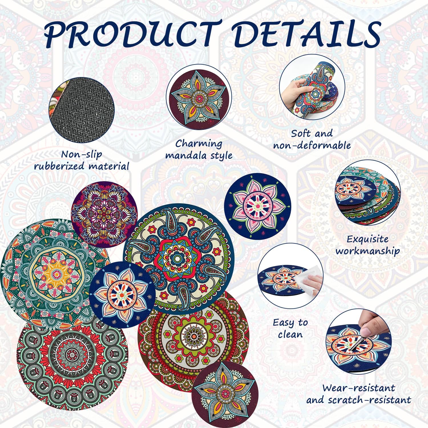 8 Pcs Mandala Plant Coasters 4.72" & 7.87" Rubber Absorbent Non Slip Pot Mats, Round Decorative Pads for Table Desk Floor, Flower Protector for Indoor Outdoor Patio Garden - view 3