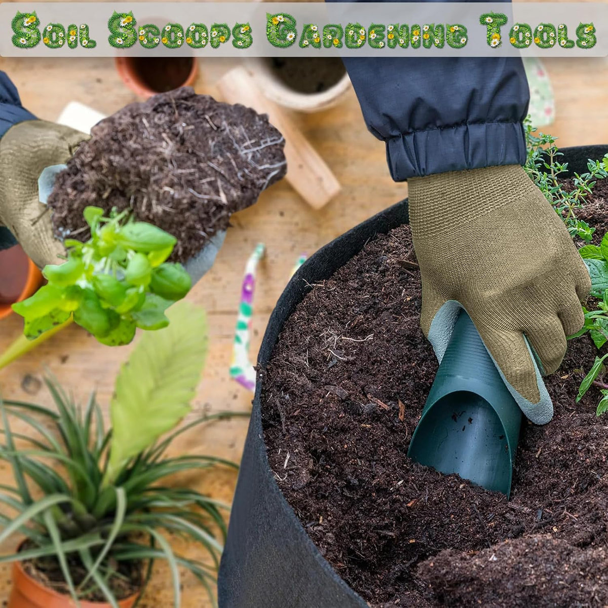 Set of 2 Soil Scoops - Mini Hand Scoops for Transplanting, Weeding, and Potting - Small Garden Scoop, Potting Scoopers, Bonsai Tool - Set of 2 Different Sizes 6½" x 2½" and 6¼" x 1¾" - Green - view 4
