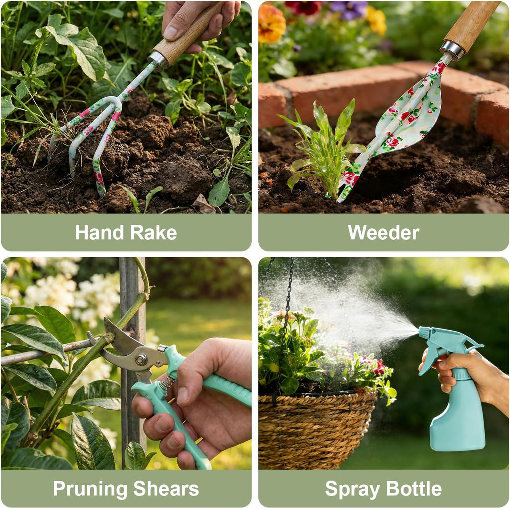 Light Green Gardening Set, 10-Piece Garden Tool Kit with Trowel, Hoe, Shovel & Rake, Ideal Gardening Gift for Women, Mom, Grandma | Birthday Gifts for Her | Hand Tools for Small Gardens - view 2