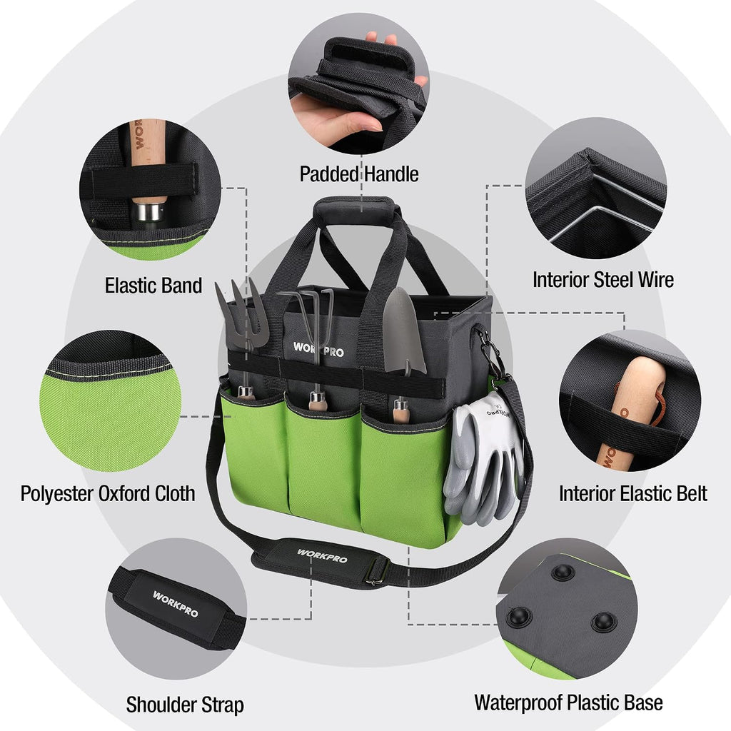 Garden Tool Bag, 10 Pockets and Shoulder Strap, Green | Heavy Duty Gardening Organizer Tote Bag, Standable Garden Tool Organizer (Tools not Included) - view 3