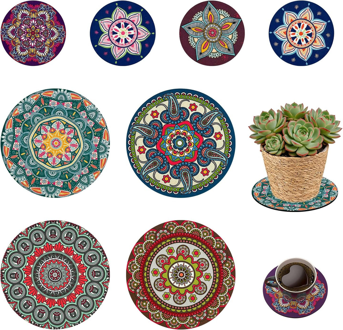 8 Pcs Mandala Plant Coasters 4.72" & 7.87" Rubber Absorbent Non Slip Pot Mats, Round Decorative Pads for Table Desk Floor, Flower Protector for Indoor Outdoor Patio Garden