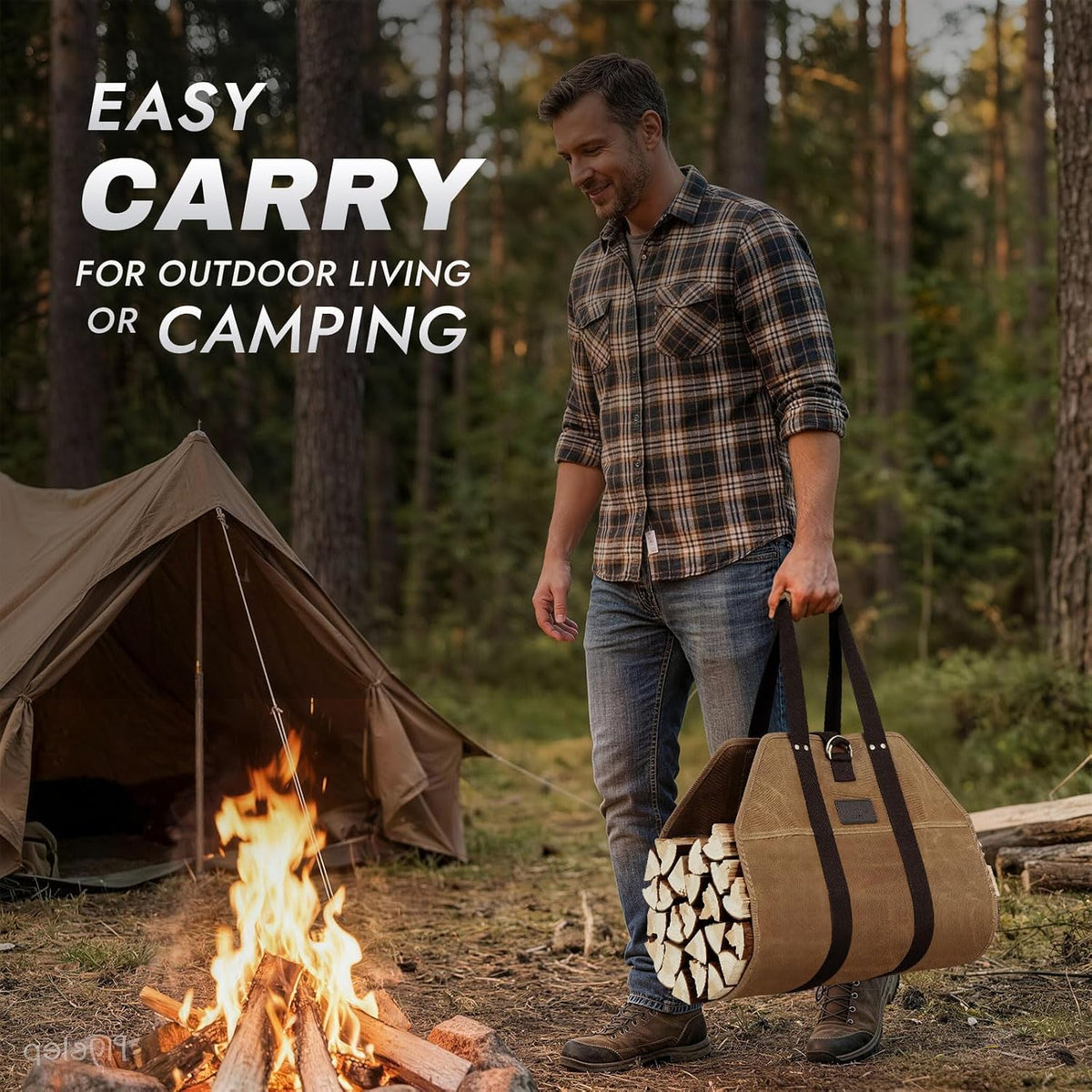 Waxed Canvas Firewood Carrier Tote | Large capacity for firewood transportation, fits hearth stove and fireplace, portable for indoor and outdoor storage - view 3