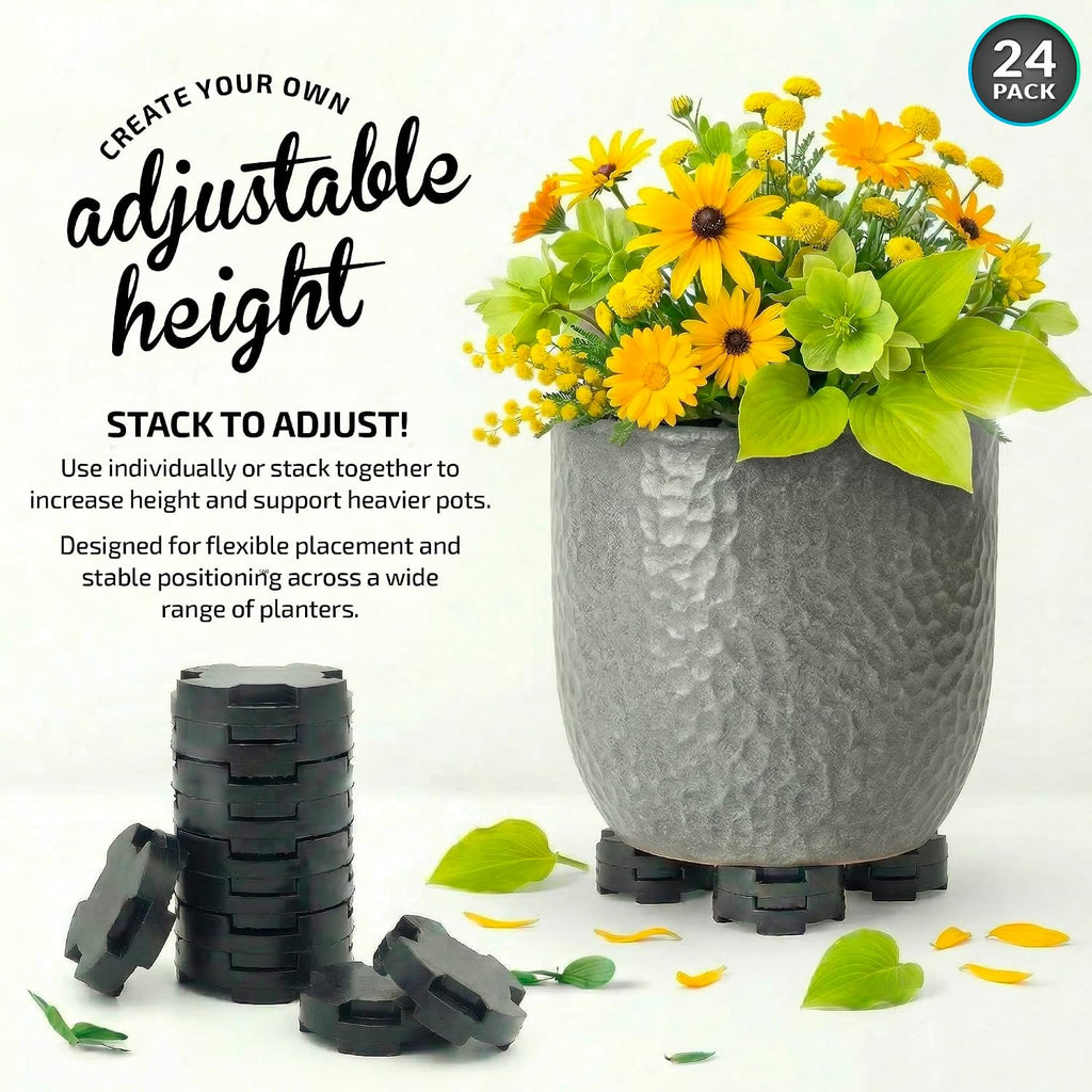 Stack Pack Plant Pot Feet, Outdoor Pot Feet, 24 Pack | EPDM rubber stackable pot risers, adjustable height, patios, decks, balconies and garden planters - view 2