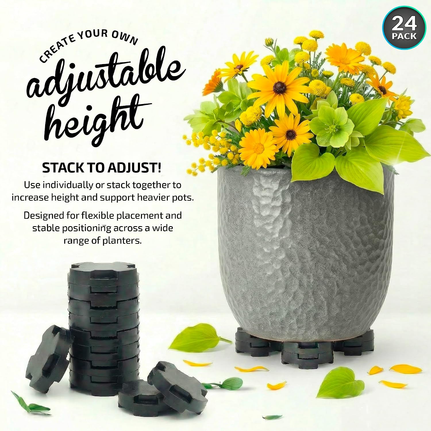 Stack Pack Plant Pot Feet, Outdoor Pot Feet, 24 Pack | EPDM rubber stackable pot risers, adjustable height, patios, decks, balconies and garden planters - view 2