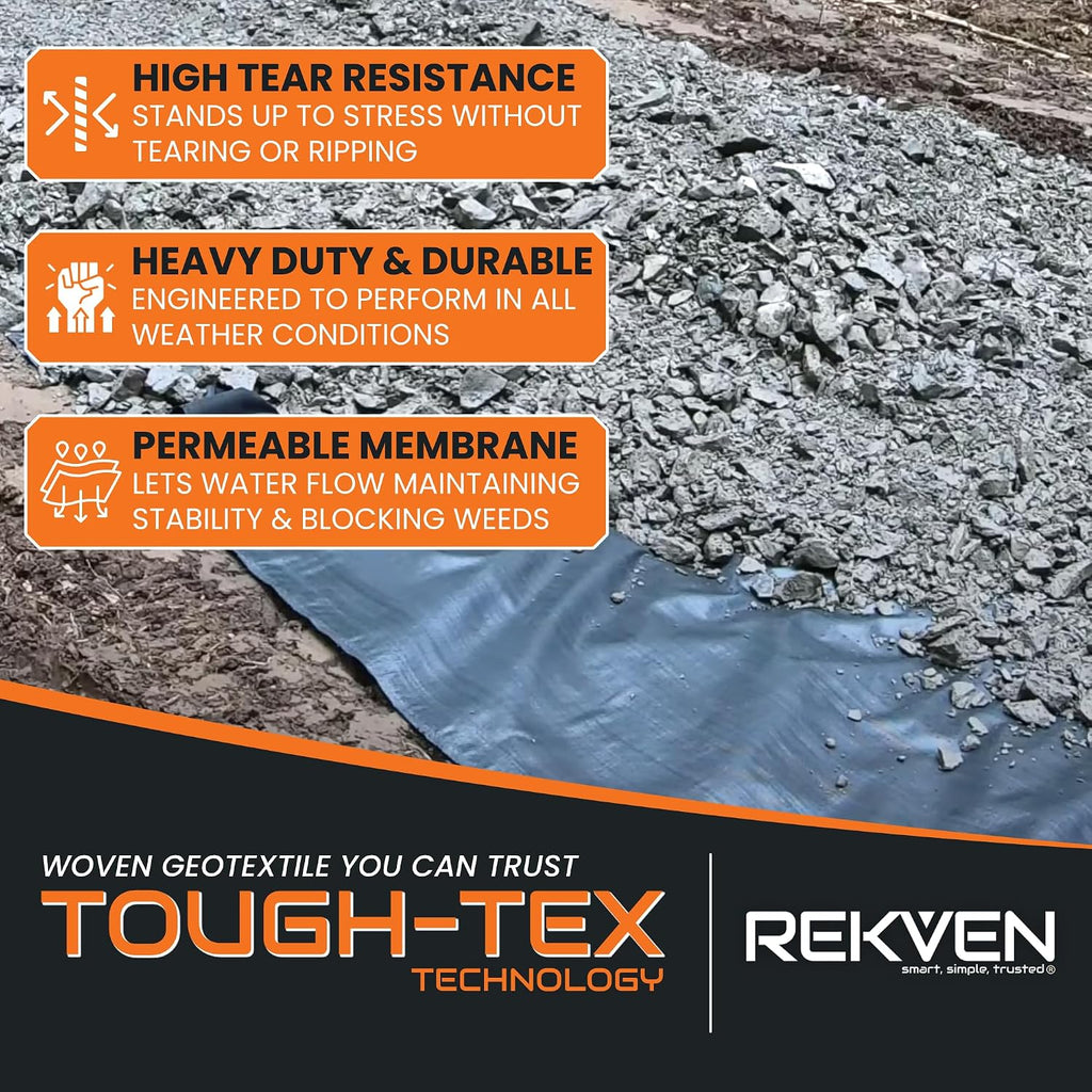Woven Geotextile Driveway Fabric, Under Gravel, Weed Barrier, 12.5 x 50 ft | Heavy Duty Extra Wide Underlayment, Road Base Stabilization, Black Landscape Ground Cover, Garden Patio Walkway, 50 Stakes - view 3