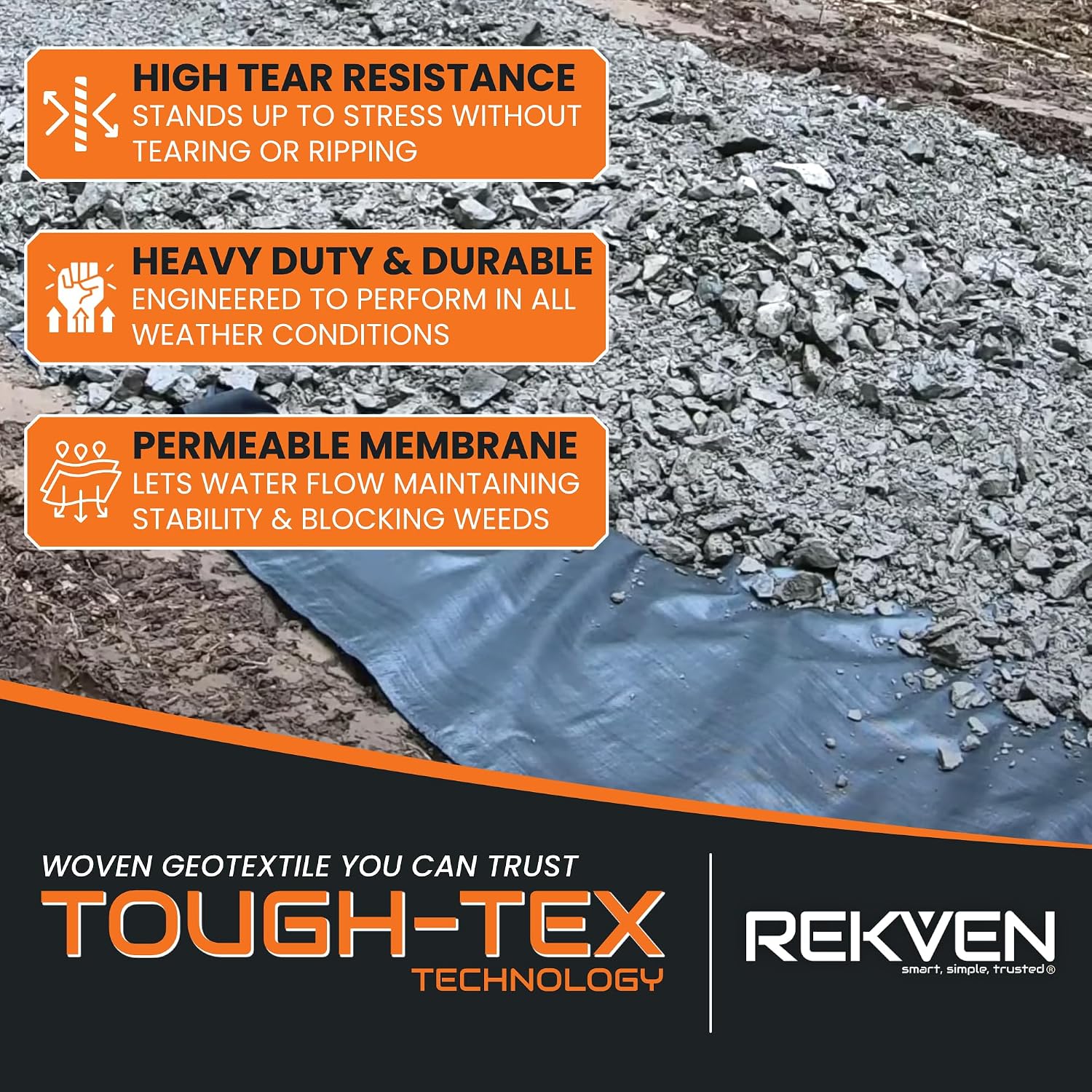 Woven Geotextile Driveway Fabric, Under Gravel, Weed Barrier, 12.5 x 50 ft | Heavy Duty Extra Wide Underlayment, Road Base Stabilization, Black Landscape Ground Cover, Garden Patio Walkway, 50 Stakes - view 3
