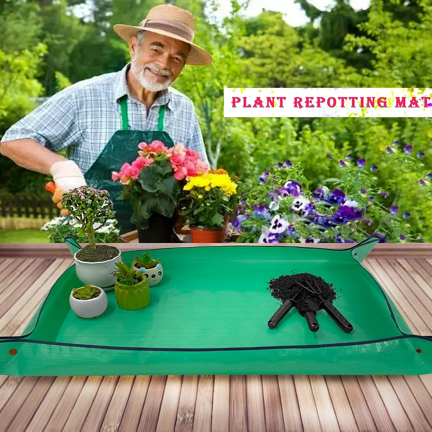 Extra Large Plant Repotting Mat,Thickened Waterproof for Indoor Plant Transplanting and Mess Control,Foldable Succulent Portable Gardening Mat (43'*30',Green) - view 6
