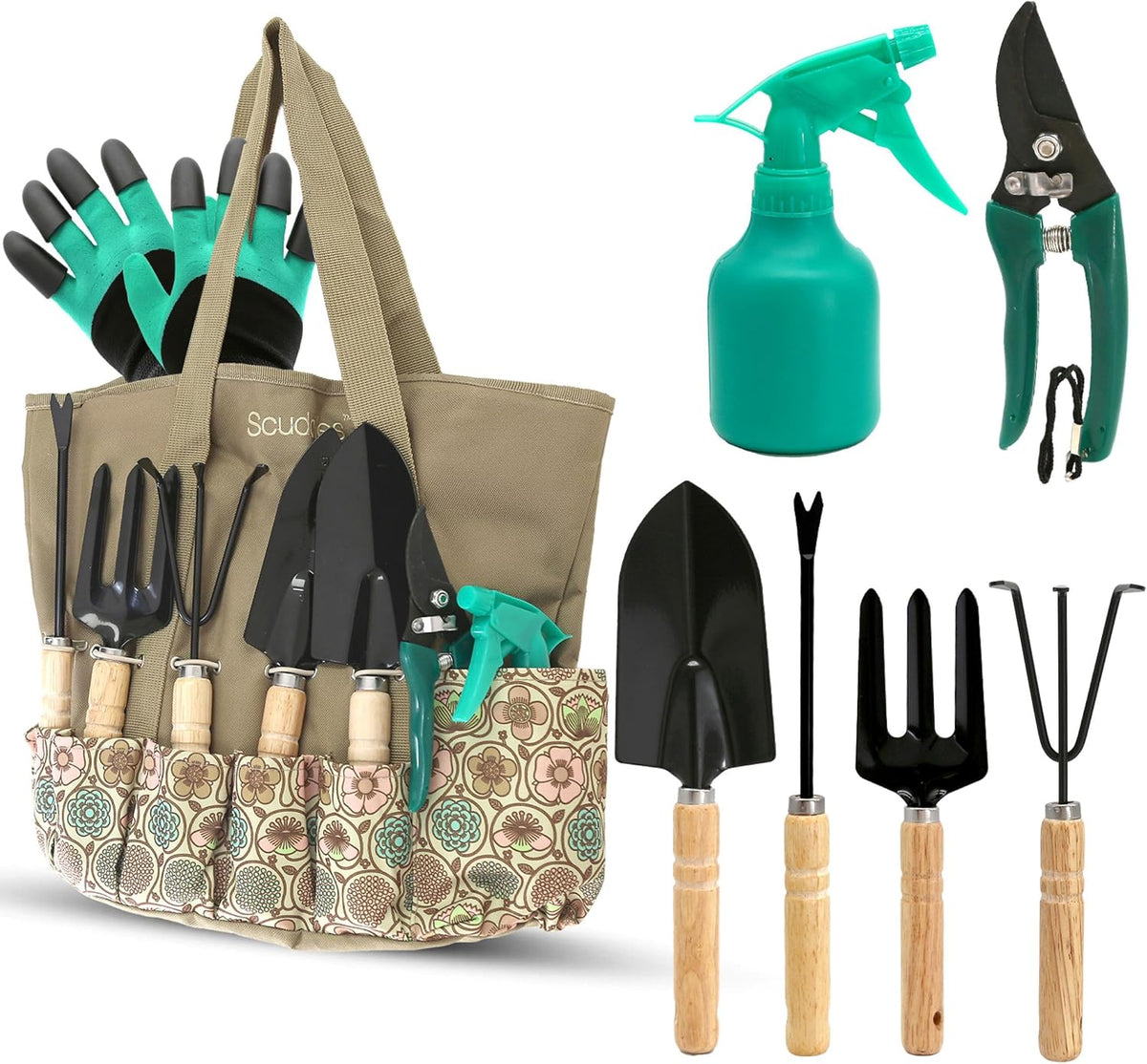 All-in-One Garden Tool Kit with Tote Bag and Claw Garden Gloves | Stainless steel hand tools, claw gloves and reinforced tote for planting, pruning, digging and garden maintenance