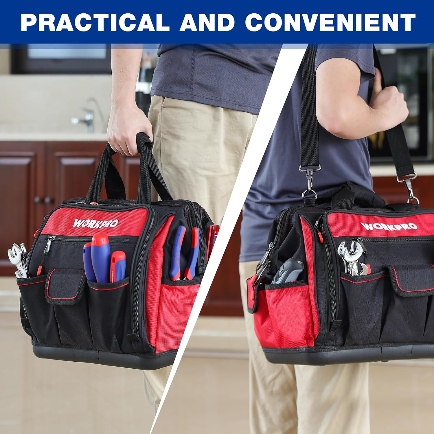 16" Top Wide Mouth Tool Bag with Water Proof Rubber Base, Multi-Compartment, 46 Pockets, For Tool Organizer & Storage, W081122A - view 8