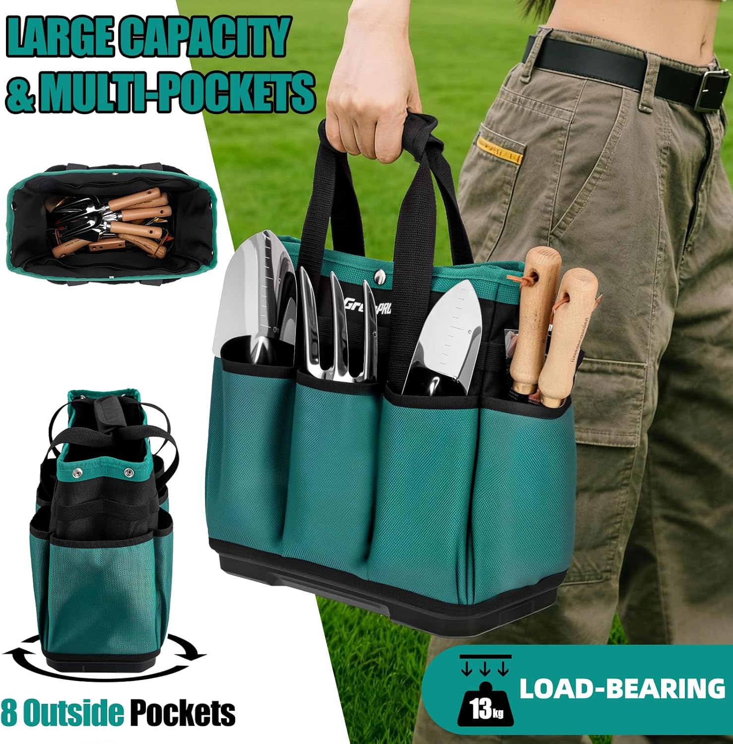 Heavy Duty Garden Tool Bag, Molded Bottom, 10 Pockets, Dark Green | Reinforced garden organizer tote stands upright with a molded base and top snap closure for tool storage. Tools not included - view 3