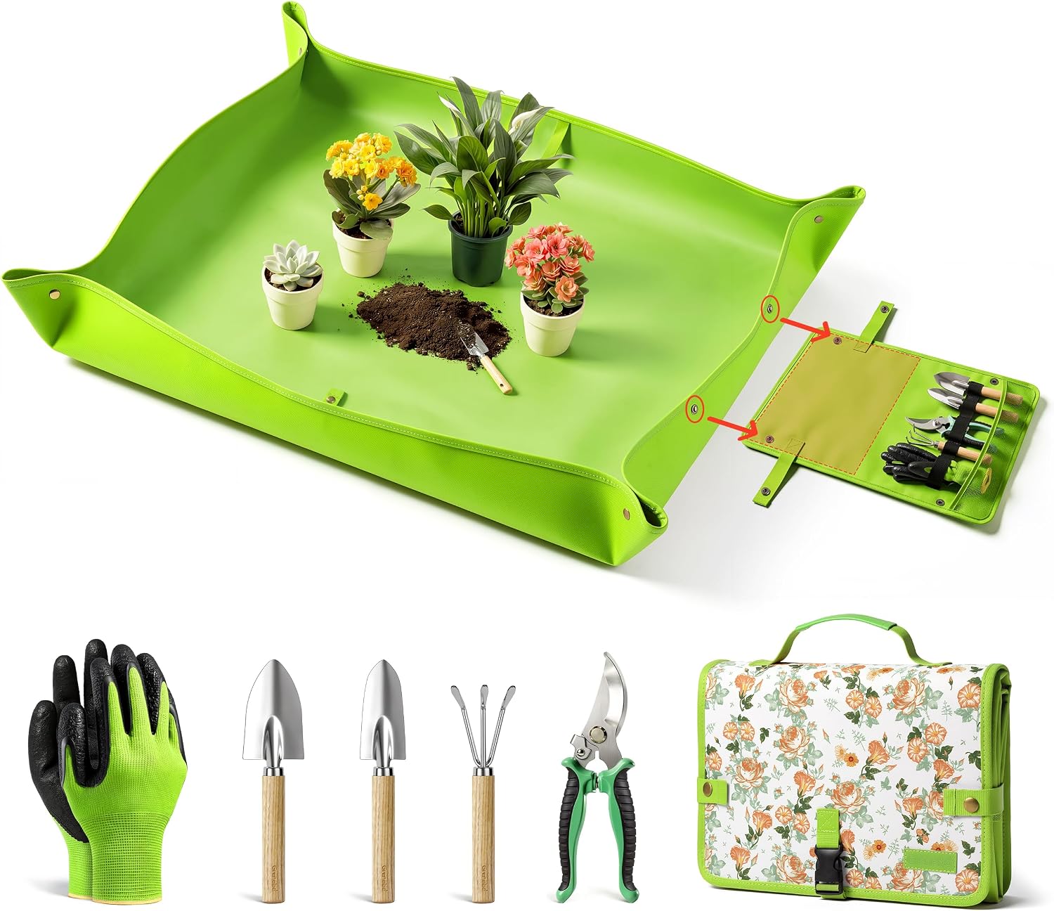 7-Piece Garden Tool Set with Plant Repotting Mat | Stainless Steel Tools, Storage Bag, Indoor Transplanting & Bonsai, Gardening Gifts for Women