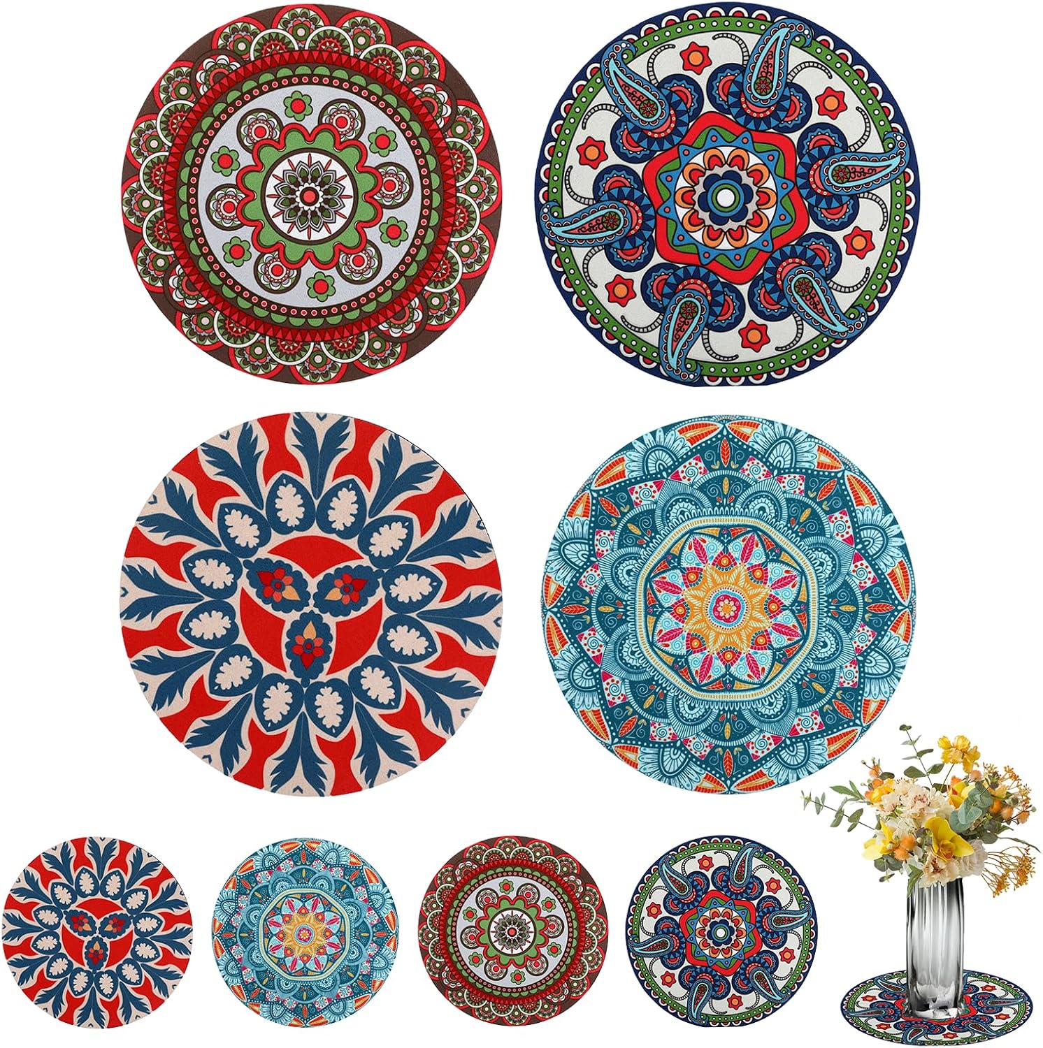 8 Pcs Boho Plant Pot Mat Plant Saucers for Indoors 2 Size 8.66" and 4.72" | Rubber Coaster Floor Protectors for Potted Plant Absorbent Non Slip Round Pad Gardening Indoor Outdoor Flower Protector Light