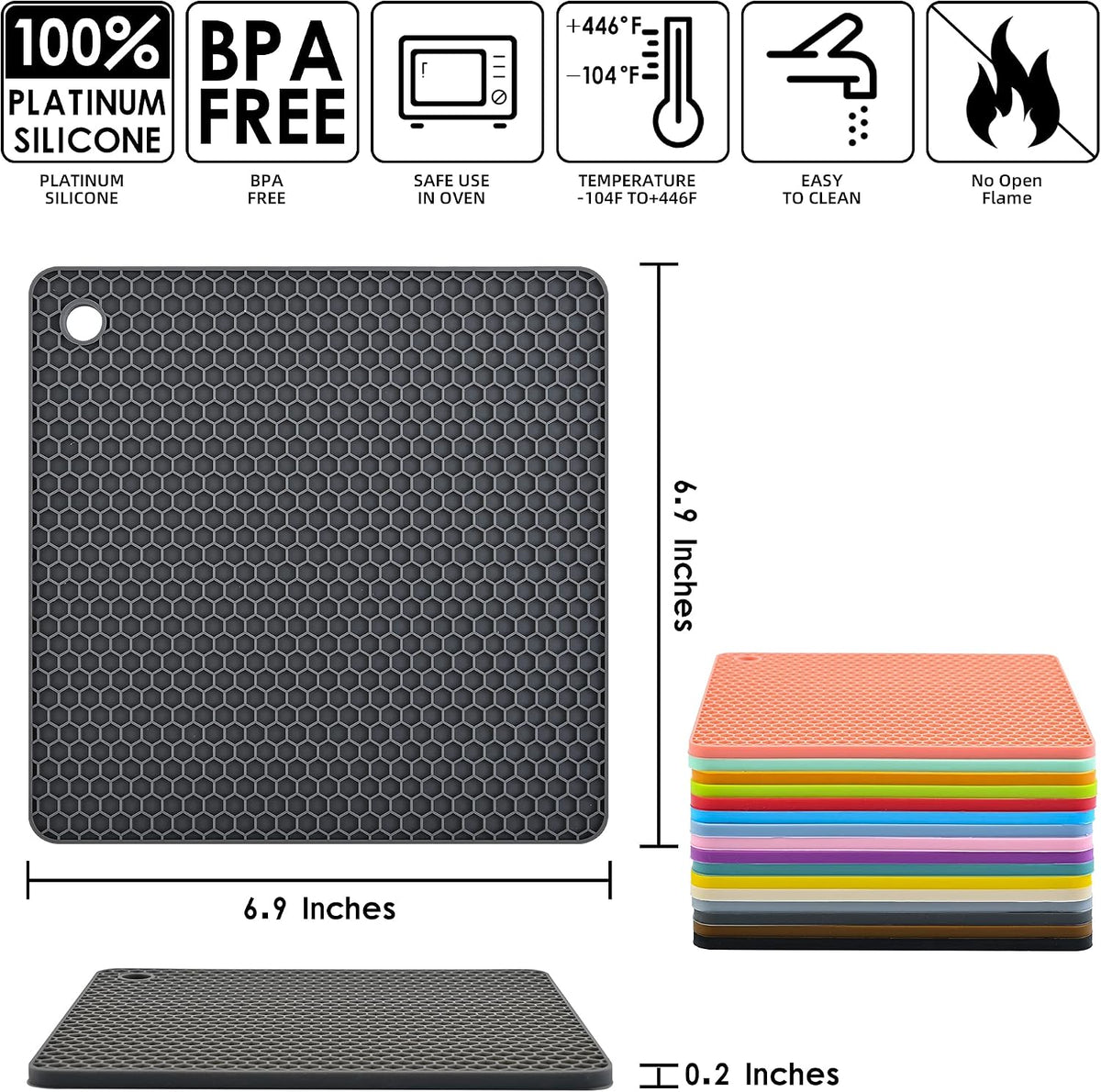 Silicone trivets mats set, silicone hot pads pot mat for countertop, trivet pads heat resistant, table placemats, square small drying mats, 4 pack, black trivets - view 2