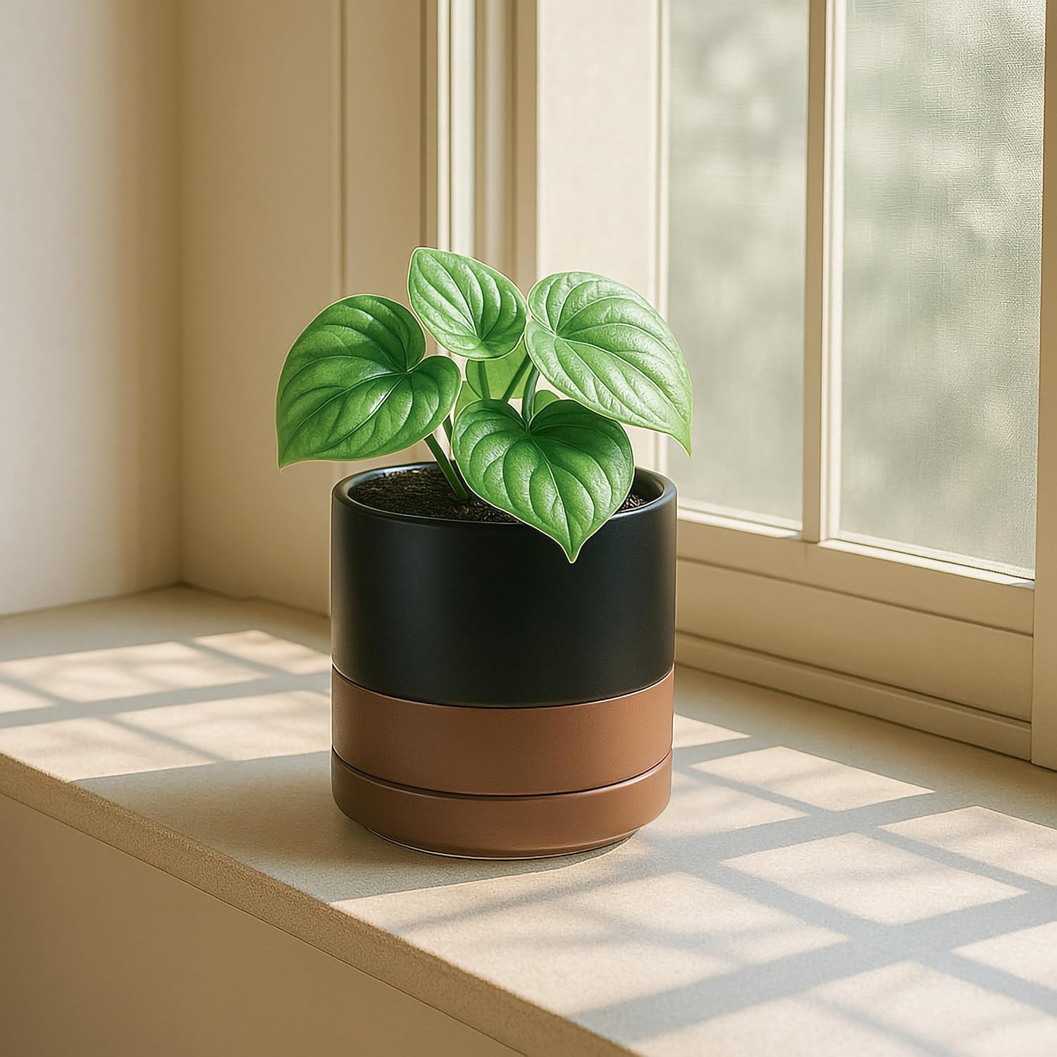 4.7 Inch Ceramic Planter Pot, Black/Tan, 94-O-B-7 | Modern Cylinder Design, Drainage Hole & Saucer Included, Stable Structure, Elegant Home Accent - view 7