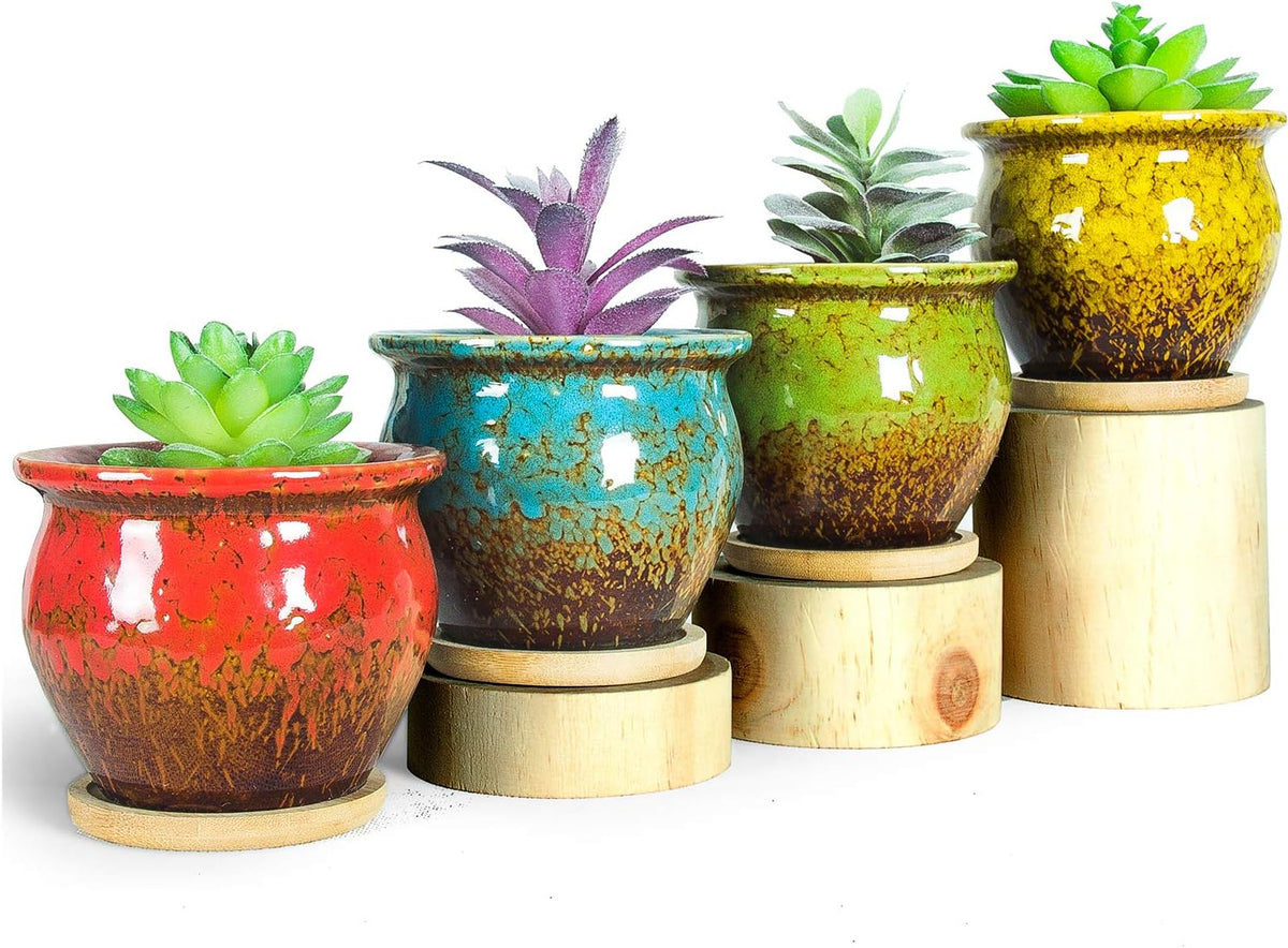 Succulent pots, 4.5 inch small plant pots with drainage tray | ceramic planters for indoor plants colorful cactus flower planter, gifts for women - view 4