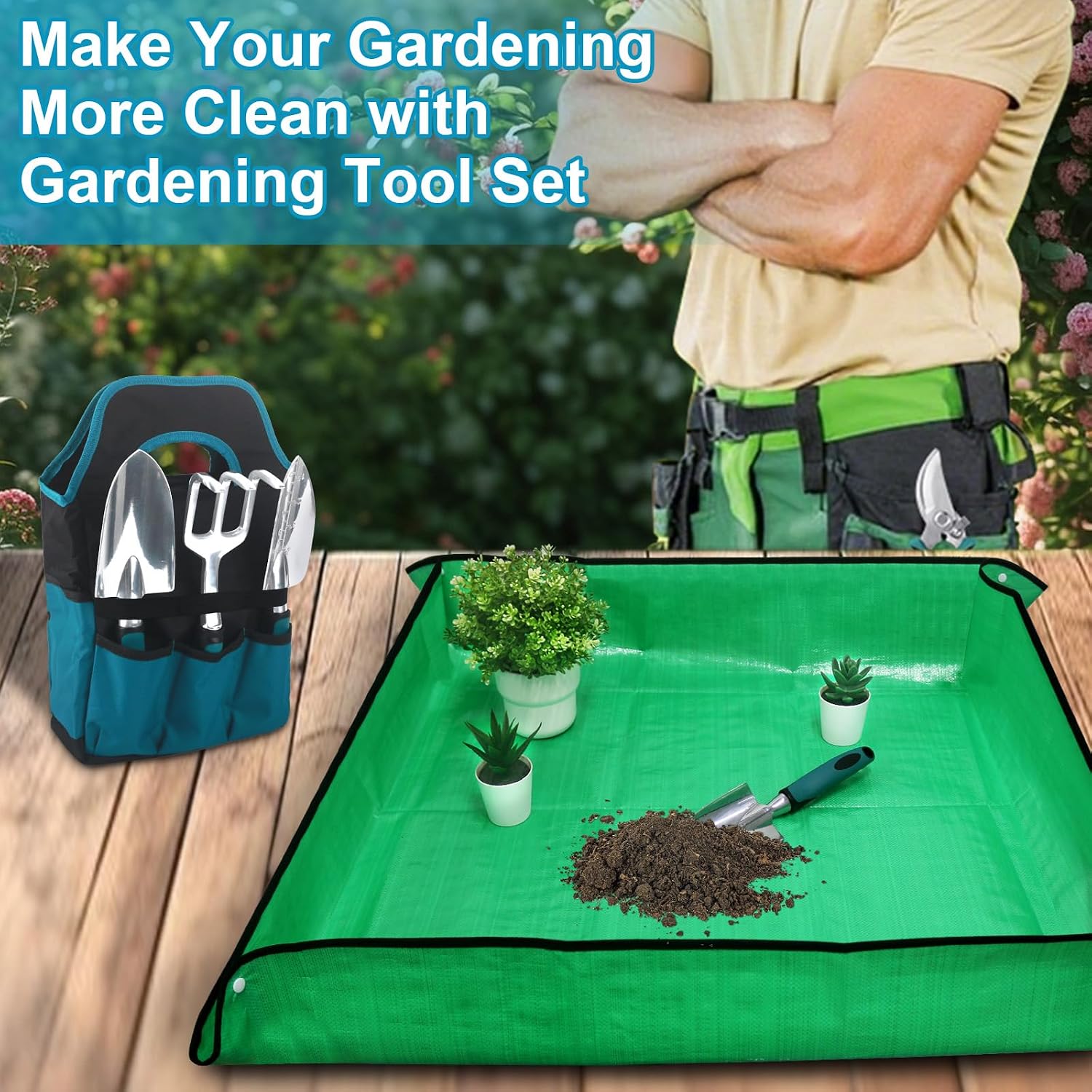 Garden tools sets, gardening tool set with 39.3 in repotting mat, 7 piece gardening kit with non slip ergonomic handle, heavy duty garden tool bag gardening supplies for women and men - view 7