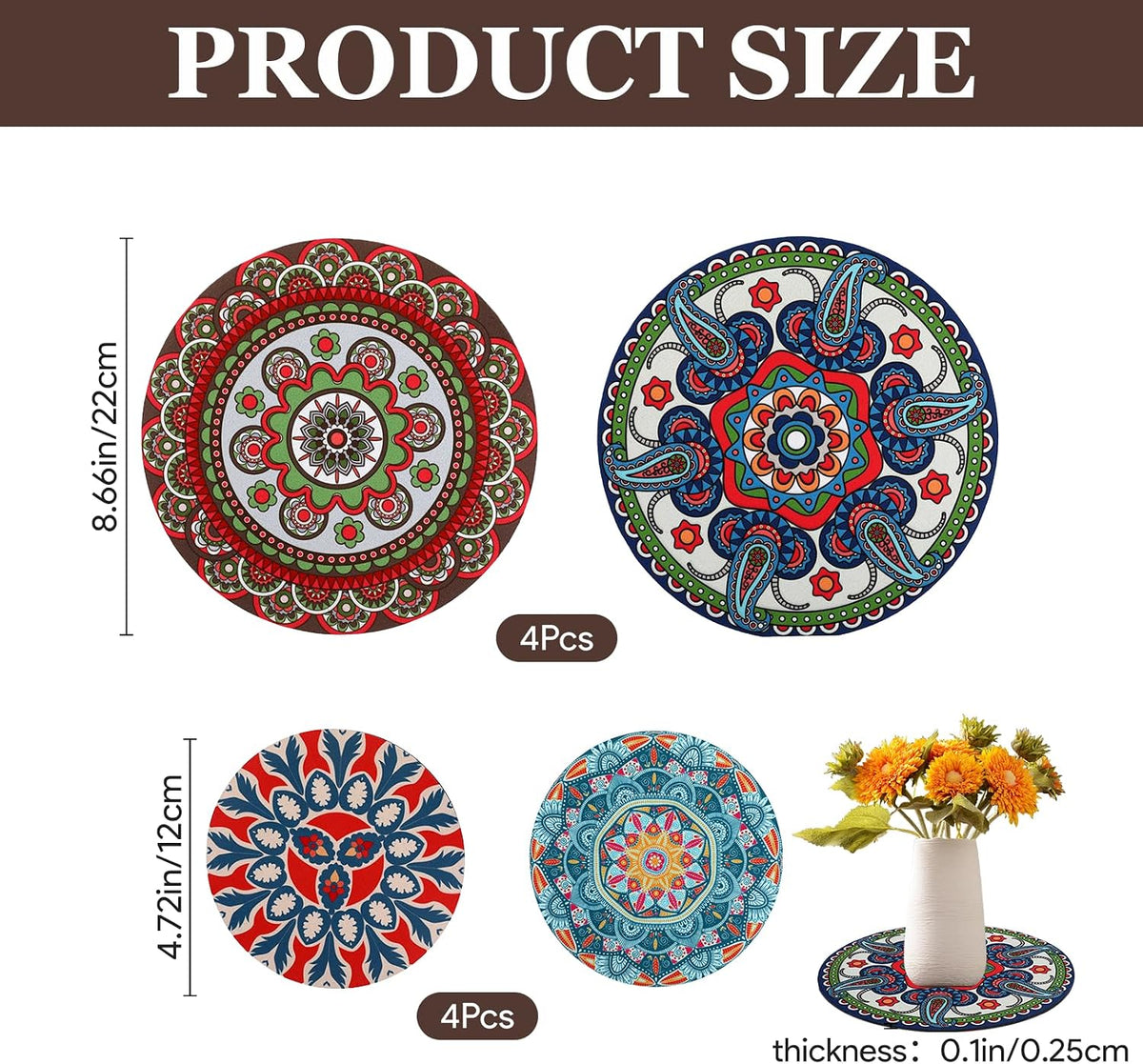 8 Pcs Boho Plant Pot Mat Plant Saucers for Indoors 2 Size 8.66" and 4.72" | Rubber Coaster Floor Protectors for Potted Plant Absorbent Non Slip Round Pad Gardening Indoor Outdoor Flower Protector Light - view 2