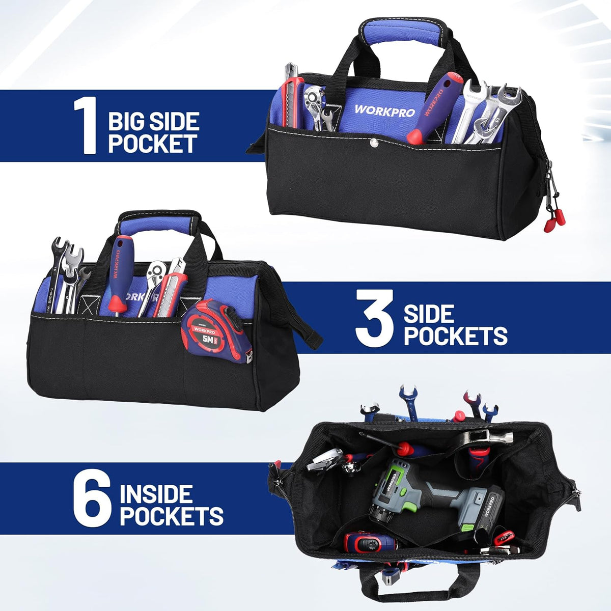 13-inch Tool Bag, Wide Mouth Tool Tote Bag with Inside Pockets for Tool Storage - view 4