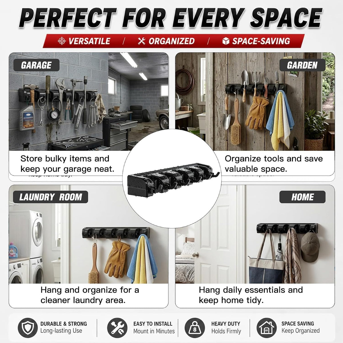 Broom Hanger Wall Mount Broom and Mop Organizer Wall Hanging Garden Tool Organizers Rack Garage Laundry Room Organizations and Storage with Hooks Heavy Duty - view 5