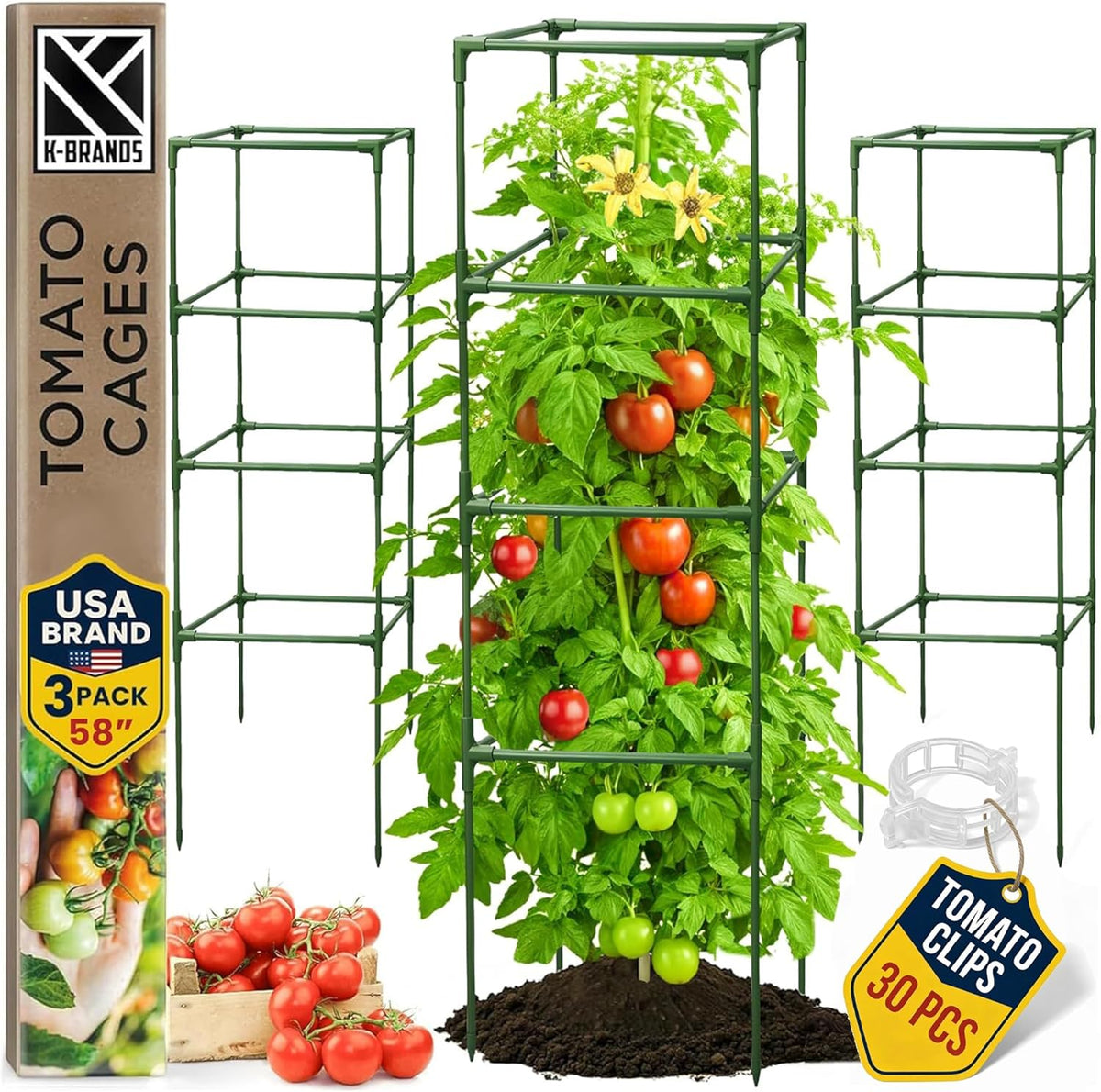 Tomato cage square - large trellis stakes and plant support structures for vegetables and climbing plants - tall tomato cages for garden, pots, raised garden bed outdoor supplies (3 pack - up to 58")
