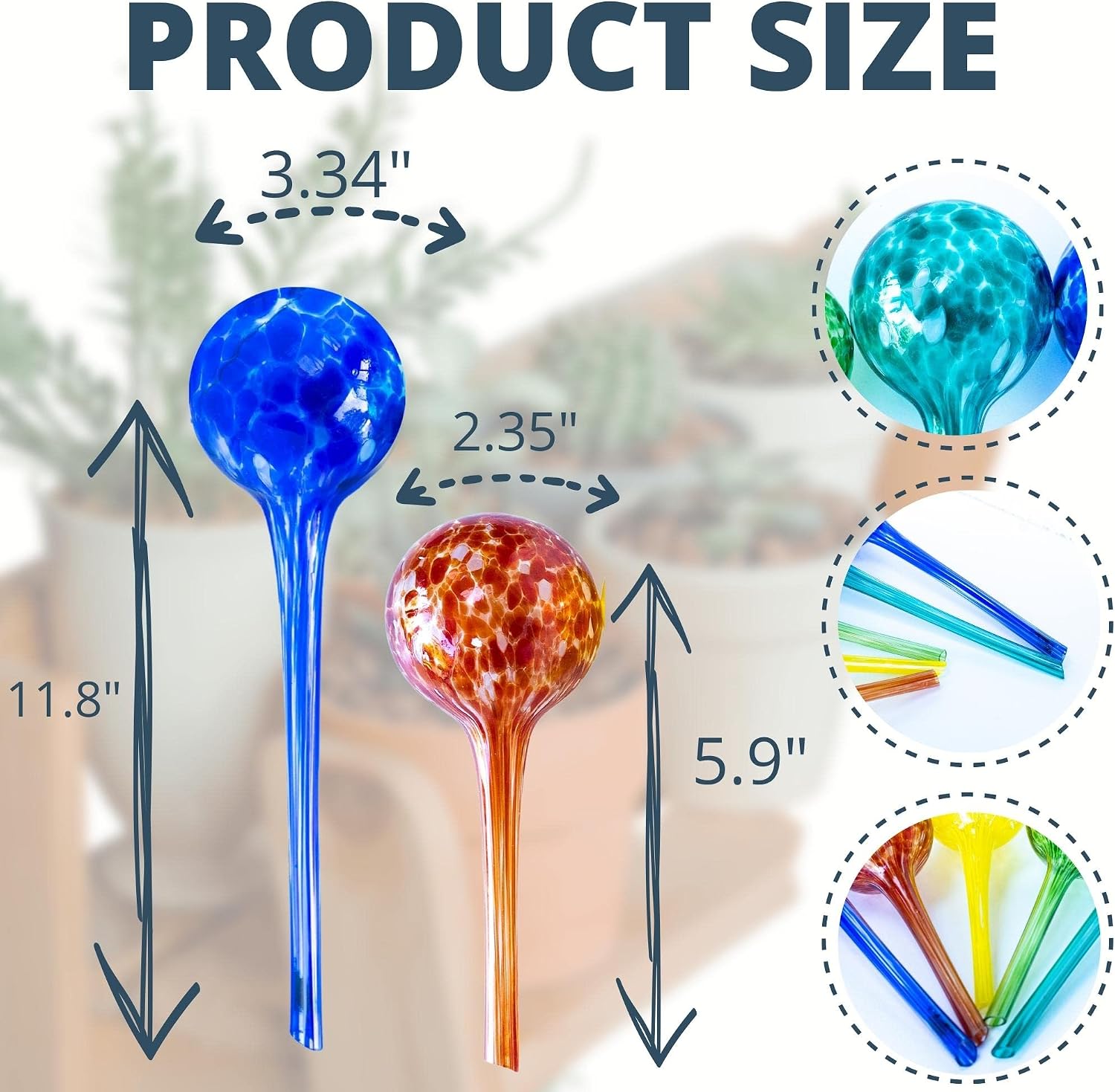 2 large 3 small glass plant watering globes - plant watering devices - plant watering bulbs - self watering spikes - self watering planter insert - free moisture meter - view 2