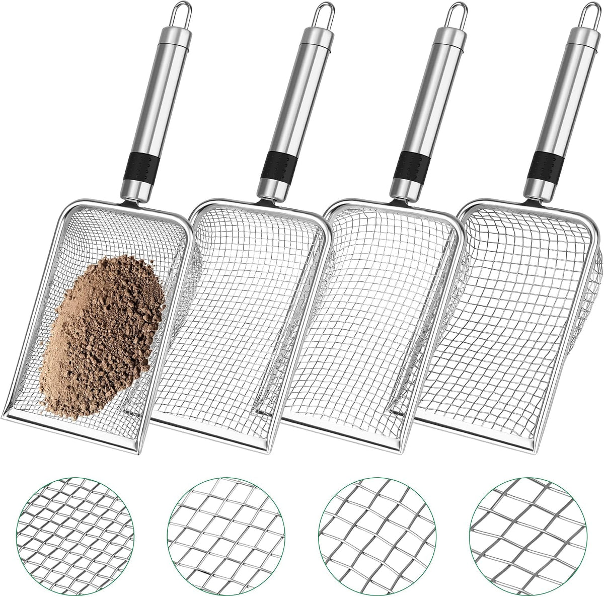 4p soil sifter for gardening, sand soil compost sieve for rocks | stainless steel, with handle (0.2/ 0.17/ 0.15/ 0.11 in mesh)