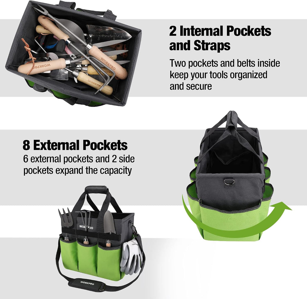 Garden Tool Bag, 10 Pockets and Shoulder Strap, Green | Heavy Duty Gardening Organizer Tote Bag, Standable Garden Tool Organizer (Tools not Included) - view 4