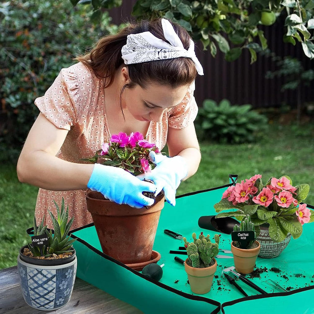 20pcs small gardening tools gifts for women beginners - garden hand tools set for indoor succulent bonsai plants transplanting, included 39.4" plant repotting mat/miniature shovel/labels, green - view 2