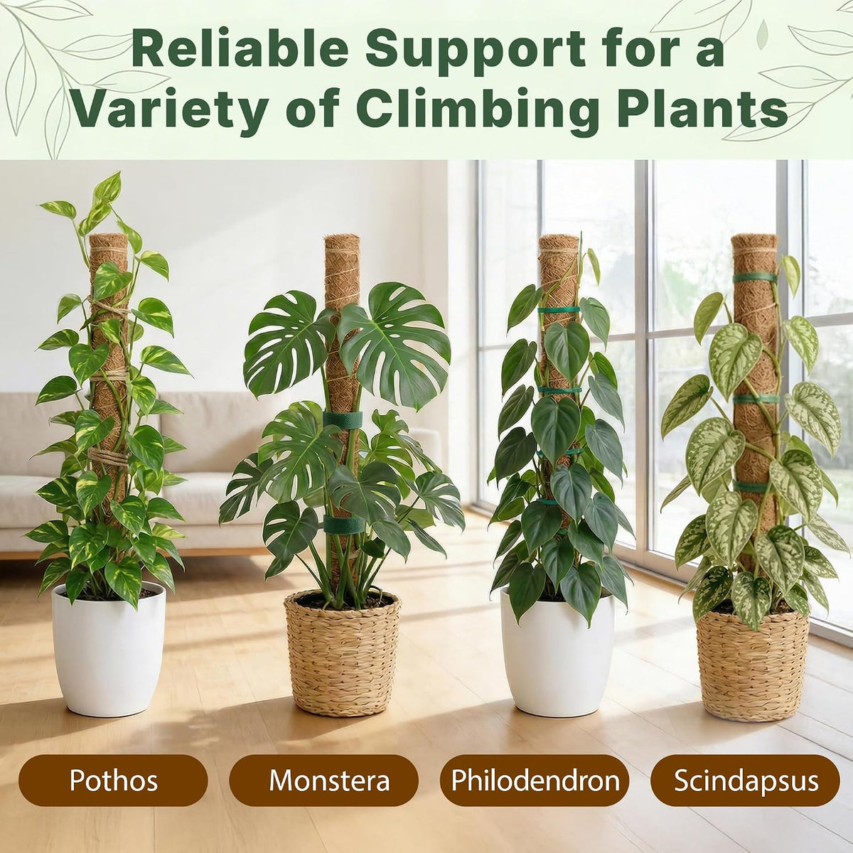 4 pack 16" moss pole plant support - stackable up to 48" - plant stakes for indoor climbing plants potted - tall coco coir pole sticks & accessories for climbing plants - view 7