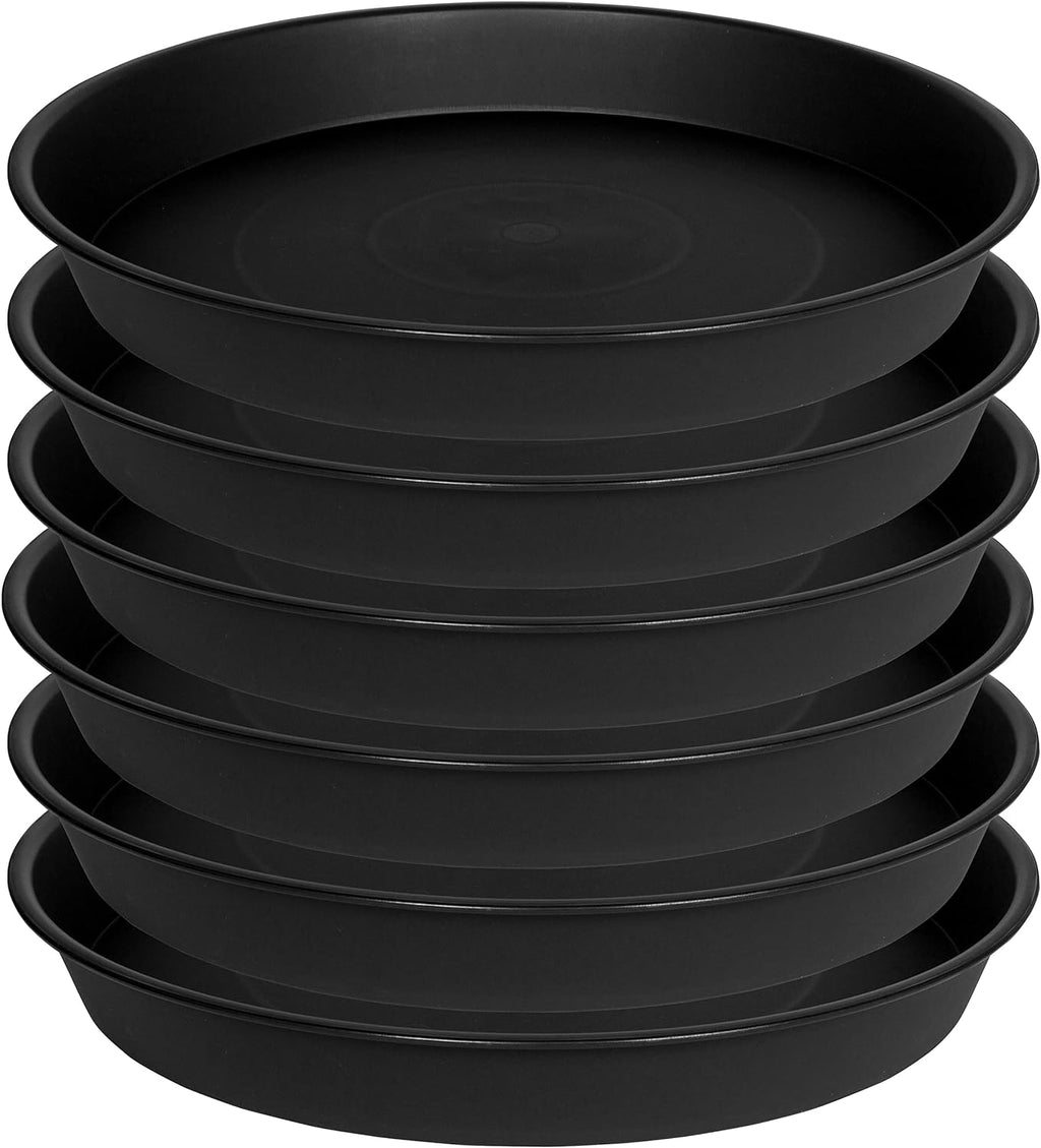 6 pack 6 inch plant saucer tray, 4 6 8 10 12 15 17 19 inch plant saucers, heavy duty plastic plant saucers for indoors, bird bath bowls, flower plant water trays for pots planter (6", black)