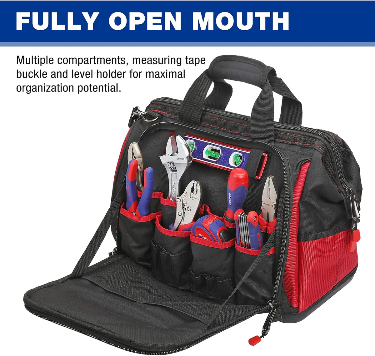 16" Top Wide Mouth Tool Bag with Water Proof Rubber Base, Multi-Compartment, 46 Pockets, For Tool Organizer & Storage, W081122A - view 4