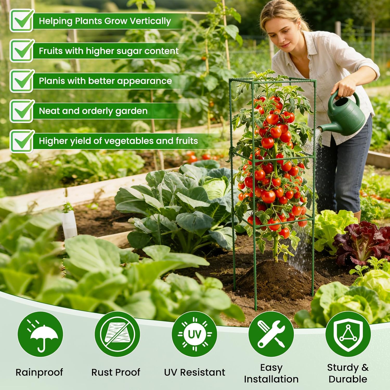 3 Pack Tomato Cages, 48'' Tall Tomato Plant Stakes Support for Raised Garden Bed Tomato, Square Trellis Cages for Garden Climbing Vegetables Flowers Fruits - view 5