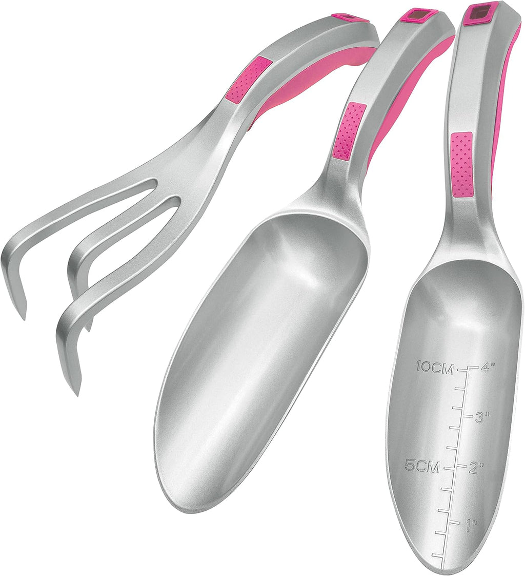 Garden Tool Set, 3PC Bend Proof Gardening Tool Kits (Soil Scooper, Garden Trowel, Cultivator Hand Rake), One-Piece Aluminum, Garden Gift Pink - view 2