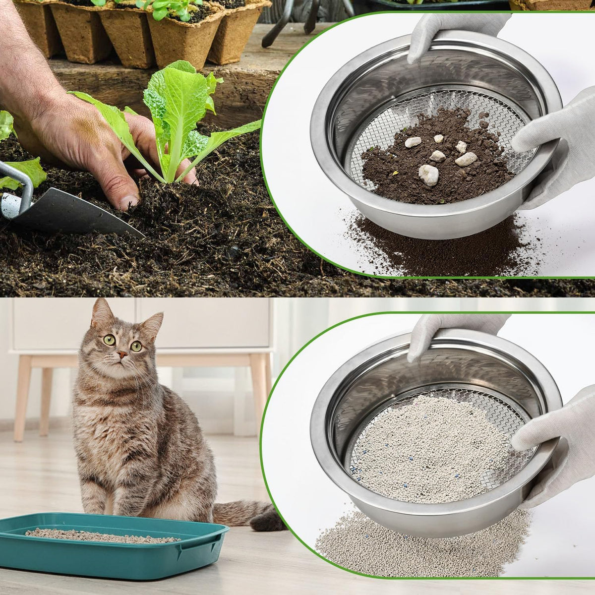 Soil sifter garden soil sieve stainless steel sieve set, with 3 interchangeable filter mesh-3,6,9mm sieve for dirt, sand, rock, filtration, compost - view 3