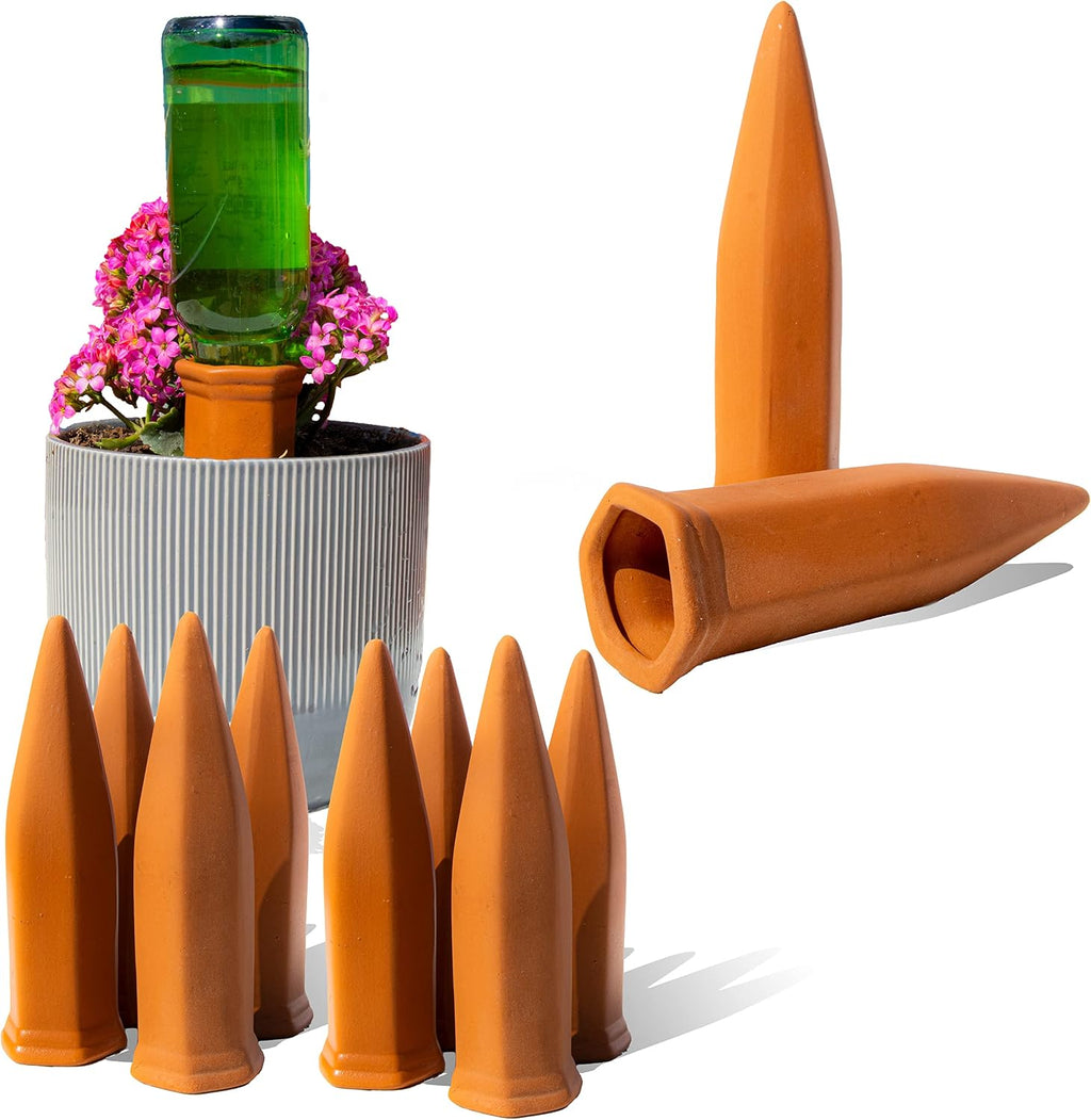 10-pack natural self watering spikes - terracotta - automatic plant waterer for indoor & outdoor