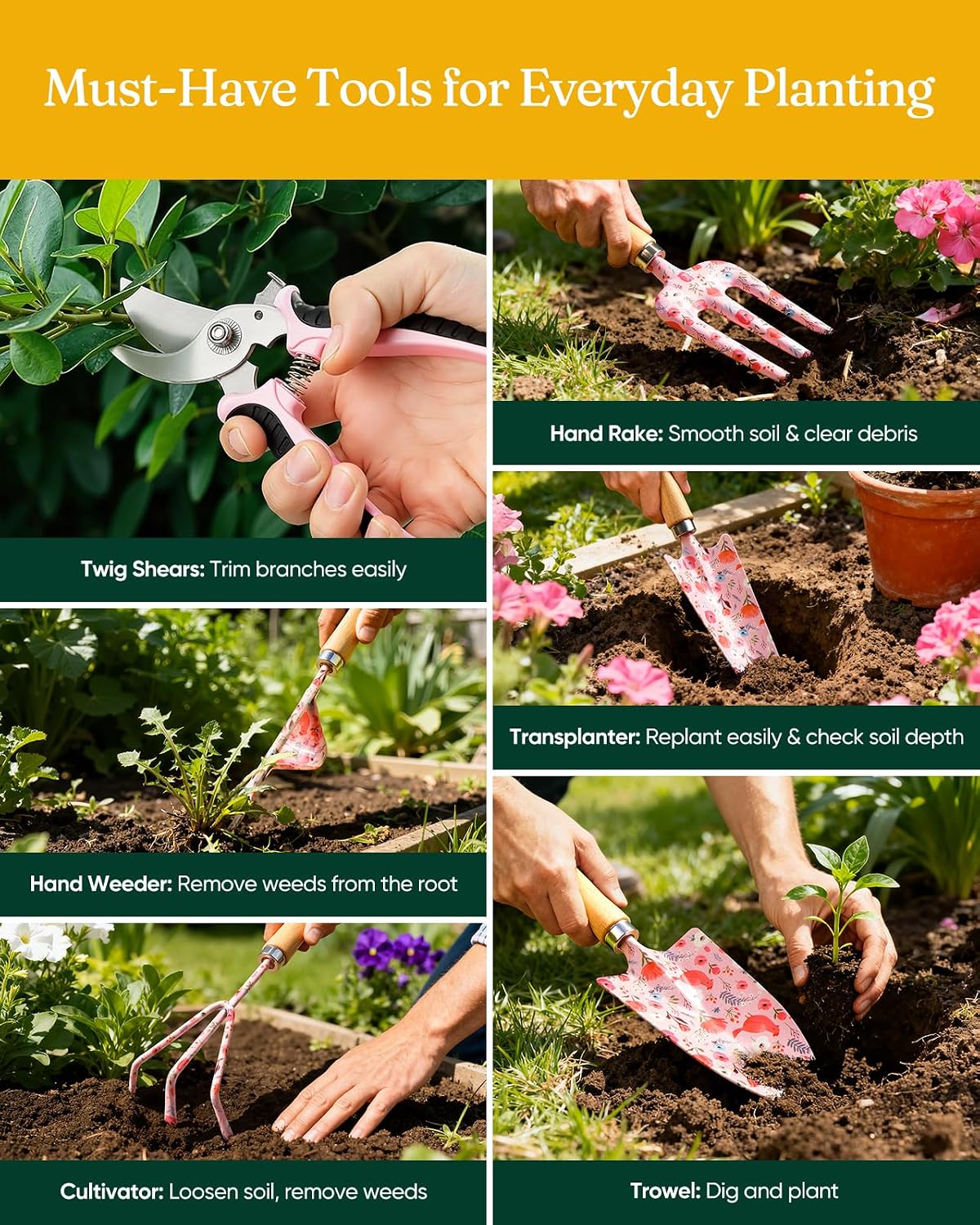12-Piece Gardening Tool Set, Heavy-Duty Garden Tools for Women | Floral Print Rust-Proof Trowel, Rake, Weeder & Pruner with Hard Case, Ideal Gardening Set Gifts for Mom & Plant Lovers - view 4
