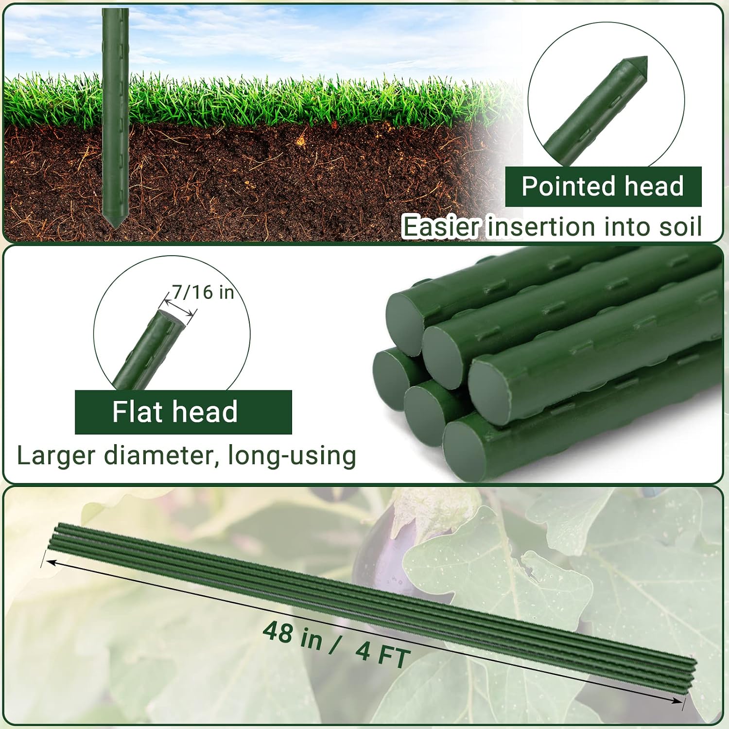 Garden Stakes 48'' Plant Sticks, 50PCS Plastic Coated Steel 4ft Plant Stakes Support for Growing Climbing Plants, Tomato Stakes Gardening Supplies - view 3