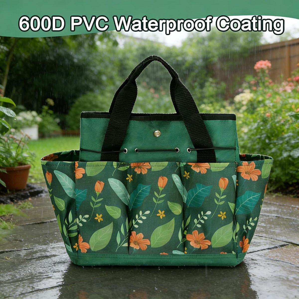 Waterproof Garden Tool Bag, 600D Oxford Portable Gardening Tote with Handle & Multi Pockets, Ideal Gifts for Parents Women (Green Flower, Tools Not Included) - view 2