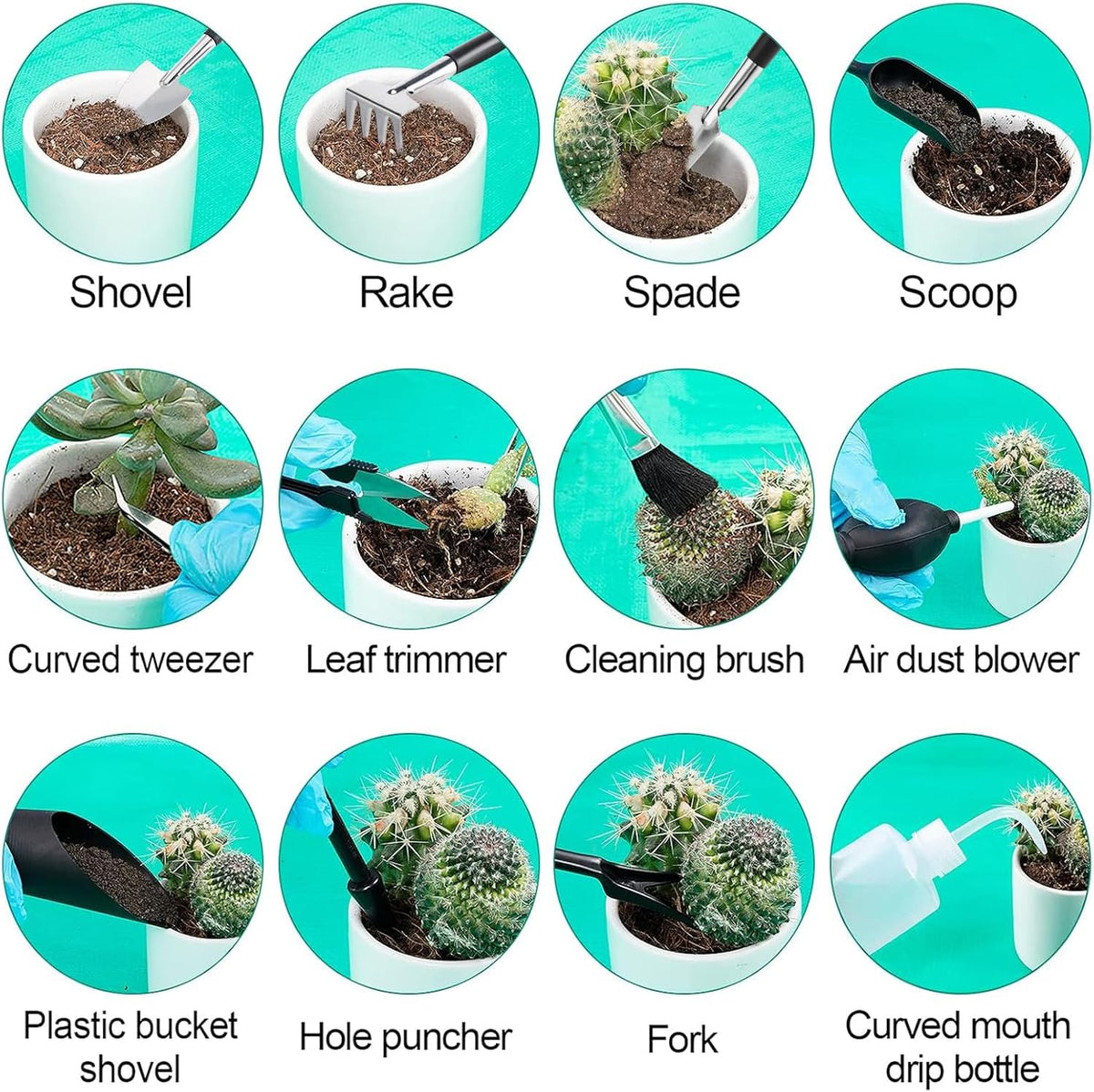 20pcs small gardening tools gifts for women beginners - garden hand tools set for indoor succulent bonsai plants transplanting, included 39.4" plant repotting mat/miniature shovel/labels, green - view 6