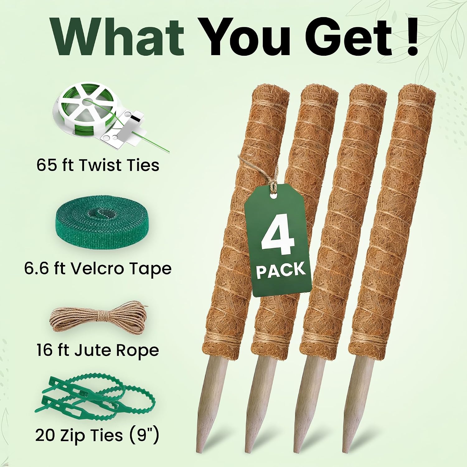 4 pack 16" moss pole plant support - stackable up to 48" - plant stakes for indoor climbing plants potted - tall coco coir pole sticks & accessories for climbing plants - view 2