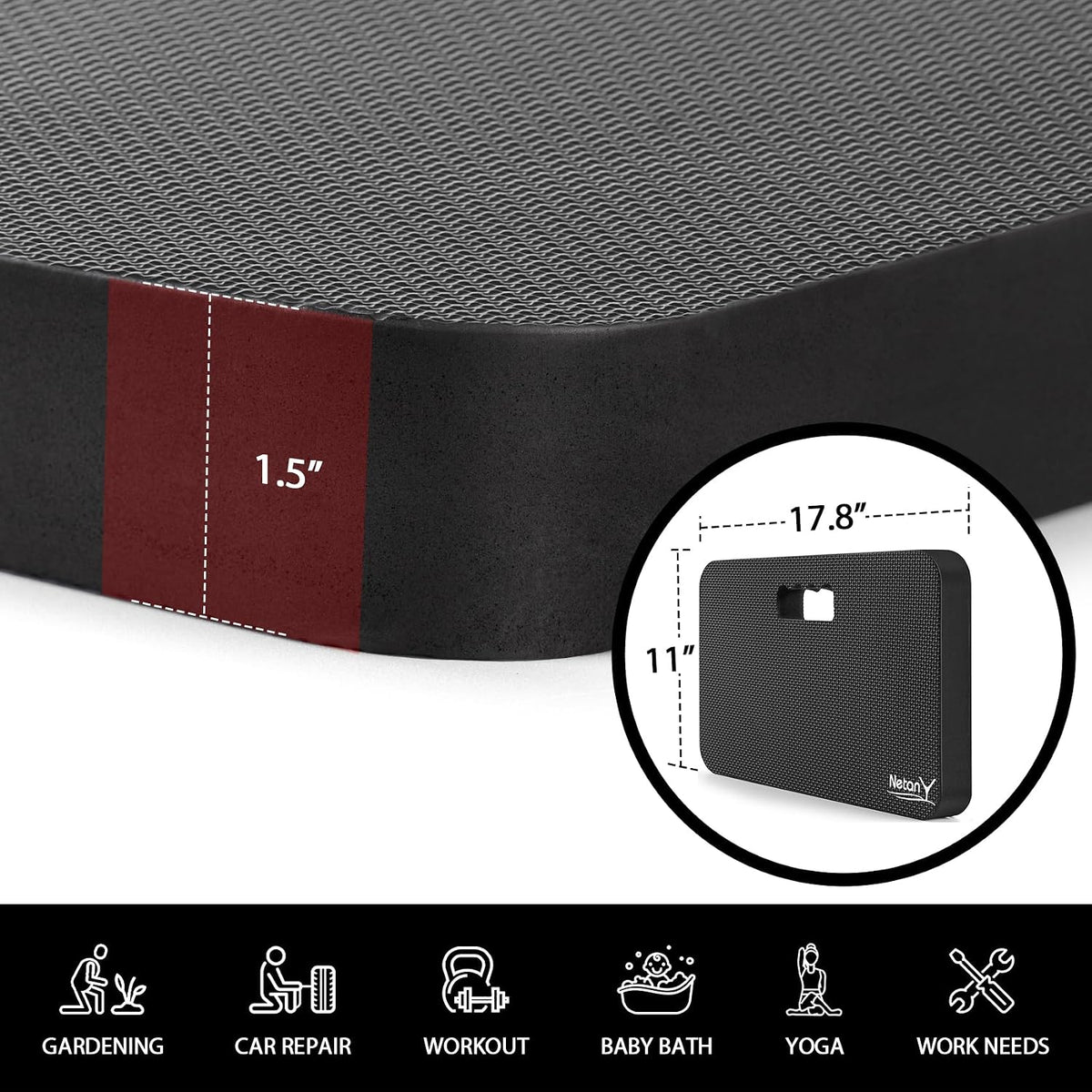 Extra Thick Kneeling Pad for Gardening, Comfortable Knee Pad Cushion, Extra Large Foam Kneeler Mat for Gardening, Baby Bath, Workout, Exercise & Yoga, Mechanic, 17.8 x 11 x 1.5 in, Black - view 2