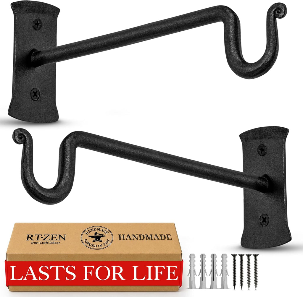 Plant Hangers Outdoor or Indoor Heavy Duty Wall Bracket Hooks | Wrought Iron Metal Hanger Indoor Hook for Hanging Plants Baskets Lanterns Bird Feeders - 2 Pack (Black Shepherds Hooks 7.5")