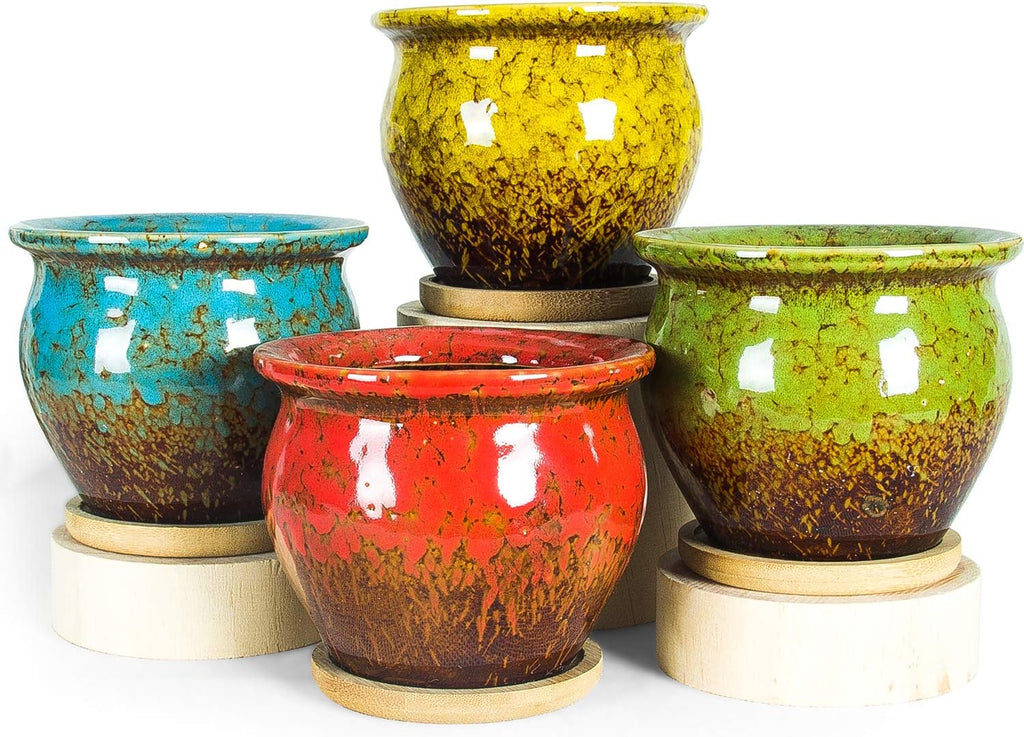 Succulent pots, 4.5 inch small plant pots with drainage tray | ceramic planters for indoor plants colorful cactus flower planter, gifts for women - view 2