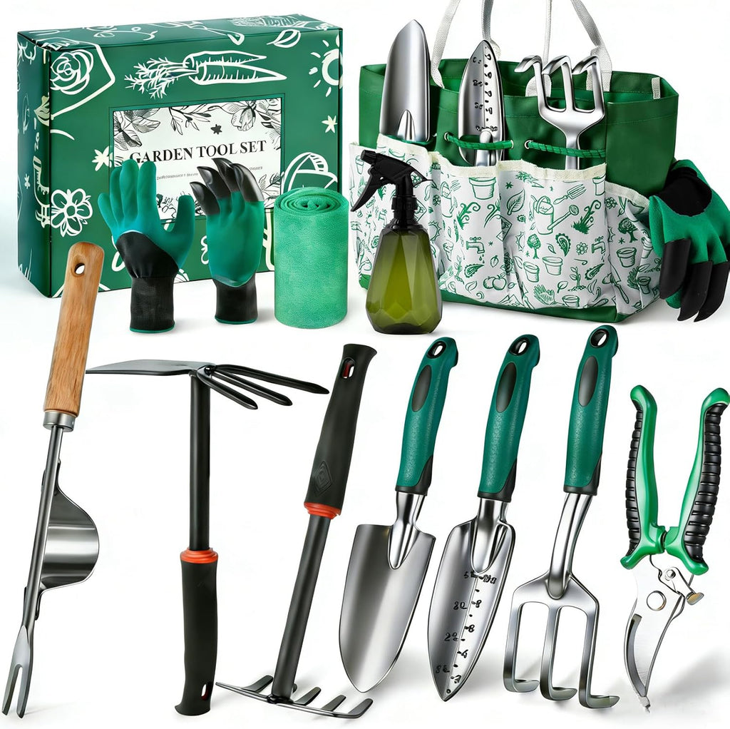 Garden Tool Set, 12-Piece Complete Stainless Steel Gardening Essentials, Heavy Duty Garden Tools with Large Storage Tote, Gardening Gifts for Women, Men, Mom & Dad Beginners Gardeners, Green