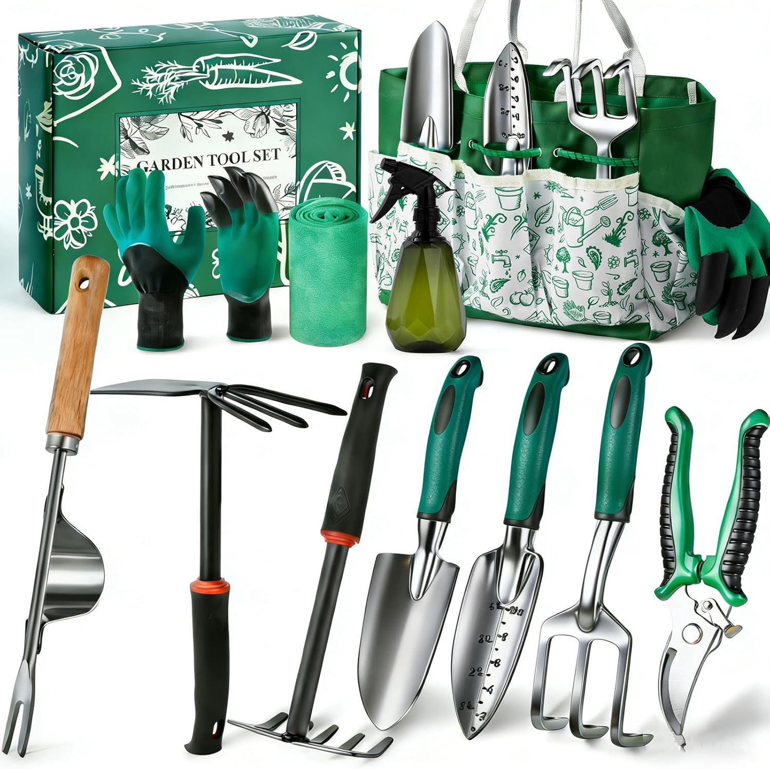 Garden Tool Set, 12-Piece Complete Stainless Steel Gardening Essentials, Heavy Duty Garden Tools with Large Storage Tote, Gardening Gifts for Women, Men, Mom & Dad Beginners Gardeners, Green