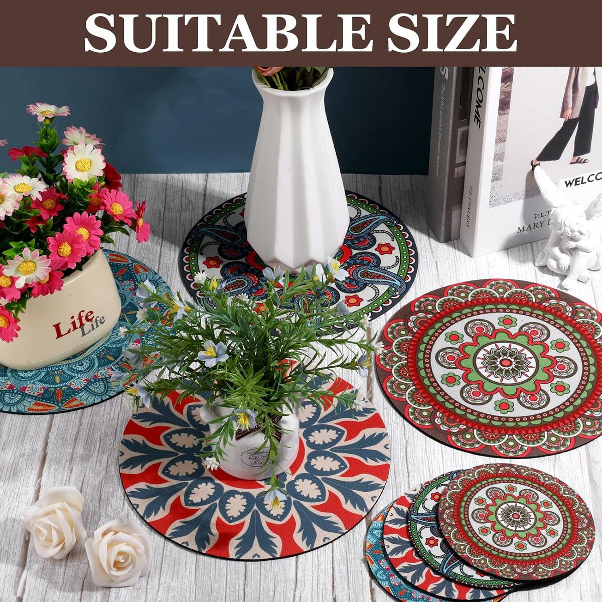 8 Pcs Boho Plant Pot Mat Plant Saucers for Indoors 2 Size 8.66" and 4.72" | Rubber Coaster Floor Protectors for Potted Plant Absorbent Non Slip Round Pad Gardening Indoor Outdoor Flower Protector Light - view 5
